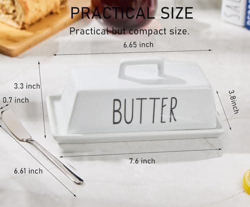 VICUKIE Butter Dish With Lid For Countertop, Butter Dish With Butter Knife, Butter Crock, Butter Keeper, Butter Container, Pure White Kitchen Decor, Kitchen Accessory (WHITE), 19.3*9.7CM 7