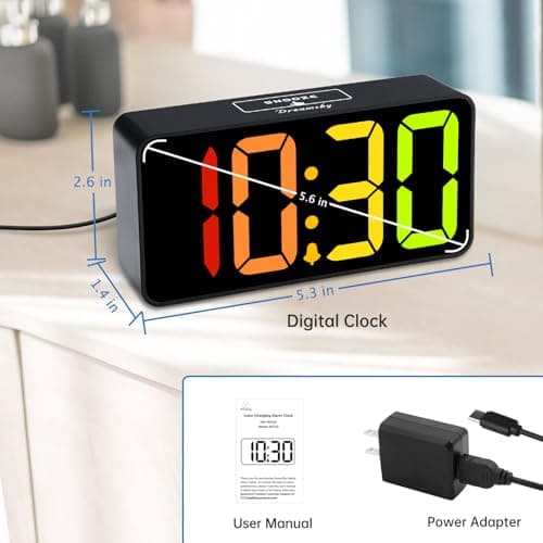 DreamSky Small Digital Alarm Clocks for Bedrooms - RGB Electric Alarm Clock for Kids Bedside Nightstand, Desk Clock with Large Numbers, Dimmer, Adjustable Alarm Volume, USB Port, USB-C Adapter Powered 7