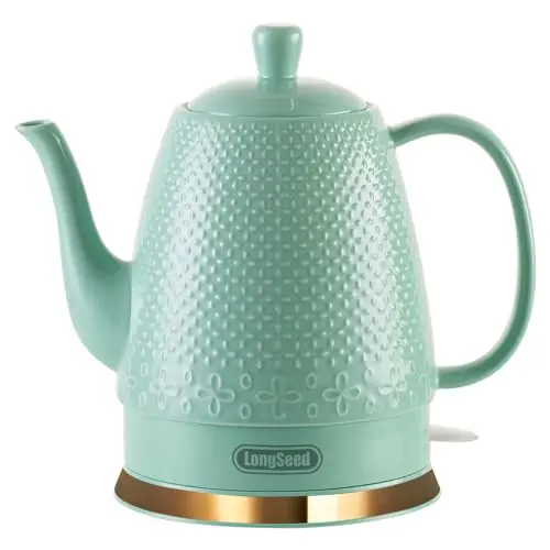 LONGSEED 1.2-Liters Ceramic Electric Kettle Pot, 1000W Fast Boil Water For Coffee & Tea, Automatic Shut-Off, Boil Dry Protection, Retro Gooseneck Teapot BPA Free Boiler