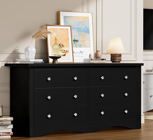 Flamaker Dresser for Bedroom, 6 Drawer Dresser, Wood Dressers, Wide Chest of Drawer, Storage Drawers, Storage Organizer for Closet, Hallway (Black)