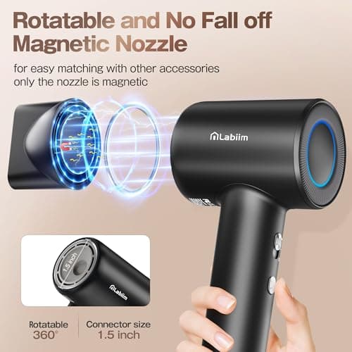 Labiim Hair Dryer, High-Speed Ionic Low Noise Blow Dryer with Brushless Motor for Fast Drying, Thermo-Control Quiet Compact Hair Blow Dryer, Hairdryer with 1 Nozzle Attachments for Home Salon Travel 6