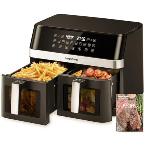 12QT Large Dual Air Fryer, 10-in-1 Double Zone Airfryer with 2×6QT Baskets, 60° Easy-Panel with Full Touchscreen, SyncCook Function, Viewing Window, Nonstick & Dishwasher Safe, Black-Gold