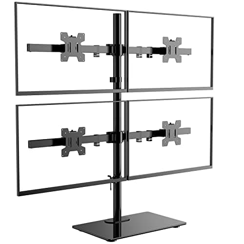WALI Freestanding Quad Monitor Mount for 17-27 Inch Screens, Fully Adjustable 4 Monitor Stand with Swivel, Tilt, Rotation, Glass Base, Max Load 22 lbs per Arm (GMF004), Black