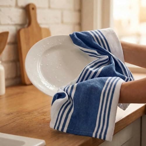 Urban Villa Kitchen Towels Blue White Striped 100% Cotton Set of 6, 20x30 Inch Oversized Dish Cloths, Highly Absorbent, Mitered Corners & Hanging Loop, Hand & Tea Towels, Dish Towels 7