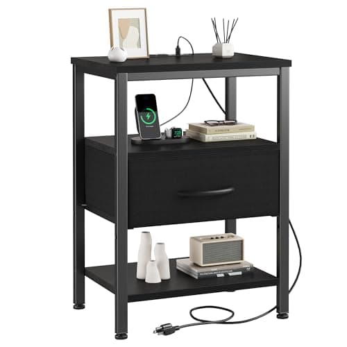 DUMOS Bedside Table with Charging Station and Adjustable Fabric Drawer Compact Nightstand 3-Tier Storage Organizer End Table for Bedroom,Black