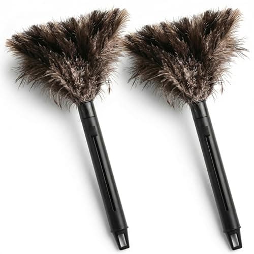 Goaste 2 Pack Ostrich Feather Duster, 15 Inch Fluffy Natural Feather Duster, Soft-Feather Mopping with Plastic Handle, Extensible Ostrich Feather Cleaning Supplies for Keyboard, Home, Car, Office