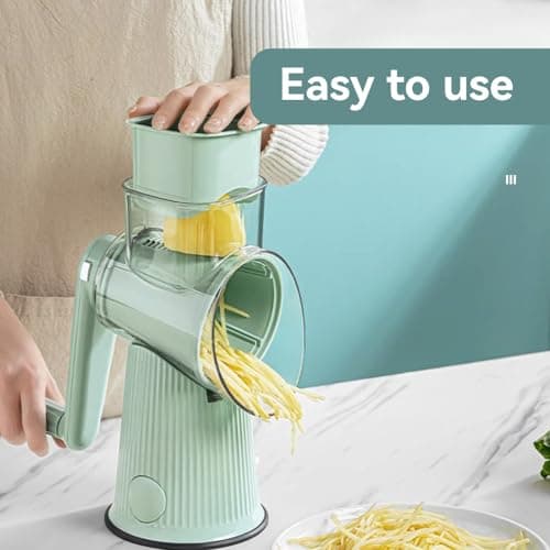 YHQPHZM Rotary Cheese Grater, 5-Set Replaceable Drum Blade Vegetable Slicer, Hand Crank Cheese Grater with Strong Suction Base, Walnut Potato Carrot Kitchen Grater (Green) 5