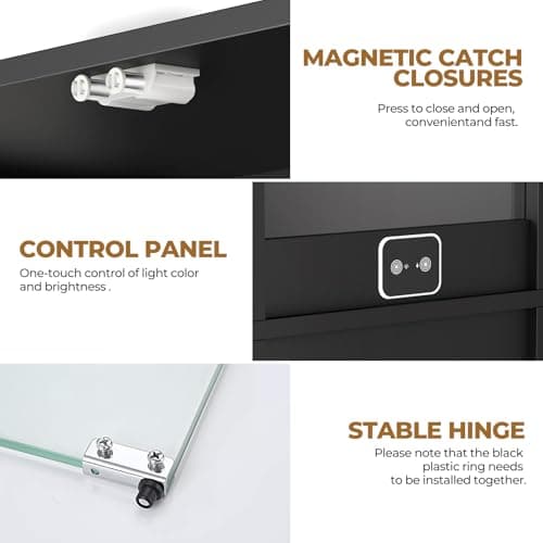 BROTTAR Display Cabinet with Glass Doors, 4-Tier Curio Cabinet with 3 Color Lights for Collectibles, Glass Display Case with Human Body Sensor, Bookcase with 4 Shelves, Storage Cabinets, Black 9