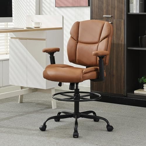 Okeysen Drafting Chair Standing Desk Chair, 500 LBS Leather Big and Tall Office Chair with Adjustable Armrests & Foot Ring, Modern Tall Desk Chair with Mid Back, Swivel Rolling Drafting Stool. 8