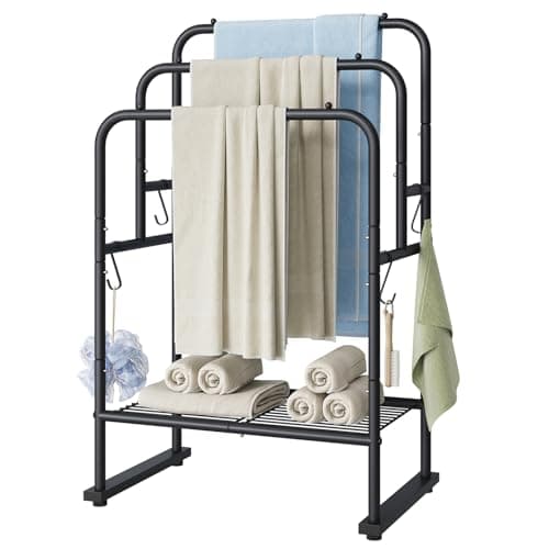 ELYKEN 40'' Tall Standing Towel Racks, 3 Tier Towel Drying Rack Outdoor, Pool Towel Stand Blanket Holder with Shelf & 4 Removable Hooks, Metal Freestanding Towel Racks for Bathroom, Matte Black