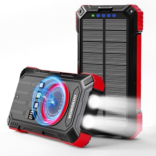 WONGKUO Solar Charger Power Bank - 49800mAh Solar Phone Charger with USB-C in/Output, QC 3.0 Fast Charging with LED Flashlight, Built-in 4 Cables, IP65 Waterproof Fits for Outdoor (Brilliant Red)