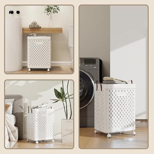 UAK Plastic Laundry Basket with Wheels & Handle, 61L Heavy Duty Foldable Laundry Hamper – Easy Clean Waterproof Rolling Organizer for Bathroom & Laundry Room, White 6