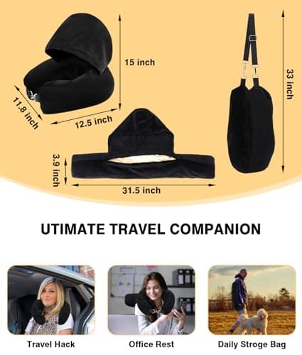 Lulttihy Stuffable Travel Neck Pillow with Hood, Soft Velvet Pillow Stuffable with Clothes, Adjustable Neck Size, Multifunctional Fillable Airplane Travel Neck Pillow for Extra Luggage 6