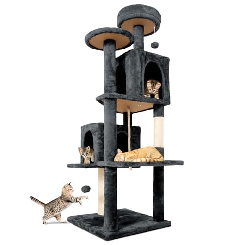 TSCOMON 58.5inch Large Cat Tree Tower Condo for Indoor Cats, Soft Plush Multi-Level Climbing Tree Cat House with 1 360° Rotating Cat Cave, Scratching Post, More Entrance/Exit, Sisal Rope, Grey Black