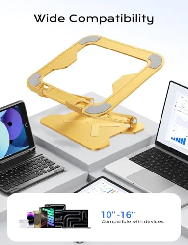 JCZT Adjustable Laptop Stand for Desk, Metal Foldable Laptop Riser, Portable Laptop Holder Mount, Ventilated Cooling Computer Notebook Stand for MacBook Air Pro, All 10-16'' Notebooks Laptops, Gold 5