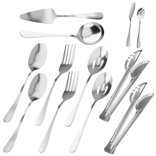12Pcs Silver Stainless Steel Serving Utensils Set for Parties Buffet, Stainless Steel Serving Set Utensil Includes Large Serving, Slotted & Tea Spoon, Soup Ladle, Fork, Tong, Butter Knife & Pie Server