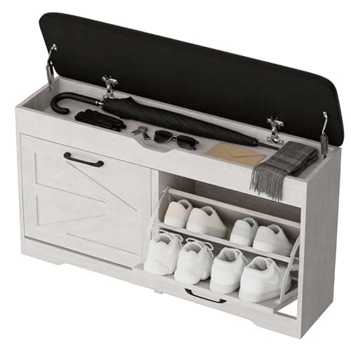 VitoEone Shoe Storage Bench Cushion, Entryway Bench with Storage, End of Bed Shoe Benches, Small Shoe Rack Benches, Entry Way Shoes Cabinet for Entryway, Bedroom, Living Room, Farmhouse, White