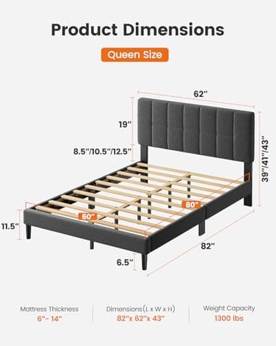 Pipishell Queen Bed Frame with 12 Thickened Legs&Fabric Upholstered Headboard,1300 lbs Strong Weight Capacity, Adjustable Headboard, No Box Spring Needed, Easy Assembly, Underbed Storage（Solid Wooden） 6