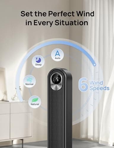 Dreo Tower Fan 42 Inch,Quiet Oscillating Bladeless Fan with Remote, 6 Speeds, 4 Modes, LED Display, 12H Timer, Black Floor Standing Fan Powerful for Indoor Home Bedroom Office Room 5