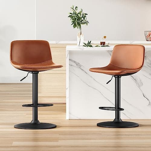 Adjustable Bar Stools Set of 2, Mid Century Modern Swivel Bar Stools, Industrial Bar Height Stools With Back Support Counter Height Bar Chairs Pu Leather Bar Stool for Kitchen Island Rustic Barstools