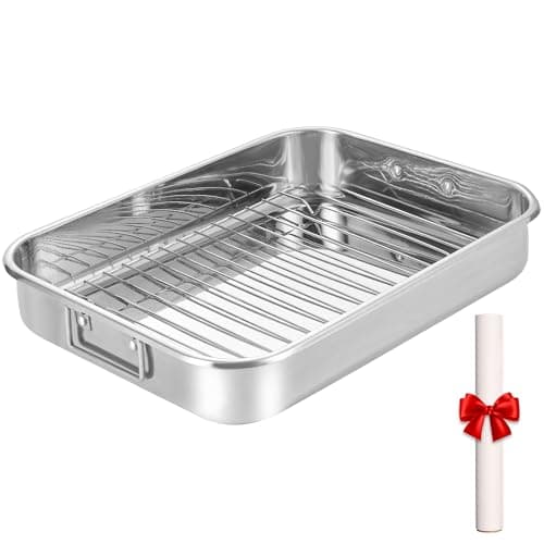Stainless Steel Roasting Oven Pan: Roaster Pans With Rack & Handles 16.5 * 12.4 * 3 inches - Kitchen Baking Appliances for Turkey Chicken Beef - Kitchen Cookware Gifts for Women Homeowner