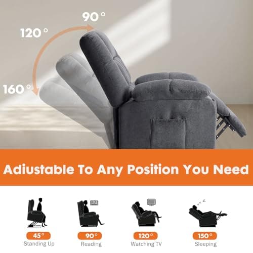 Sweetcrispy Power Lift Recliner Chair with Vibration Massage and Heat for Adults, Ergonomic Overstuffed Breathable Fabric Reclining Chair with Side Pockets, Remote Control, Living Room, Bedroom, Grey 6