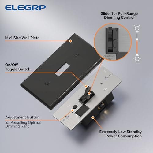 ELEGRP Digital Toggle Dimmer Switch for Dimmable LED, CFL and Incandescent Light Bulbs, Single Pole or 3-Way Toggle LED Dimmer Light Switch, Wall Plate Included, UL Listed, 6 Pack, Black 6