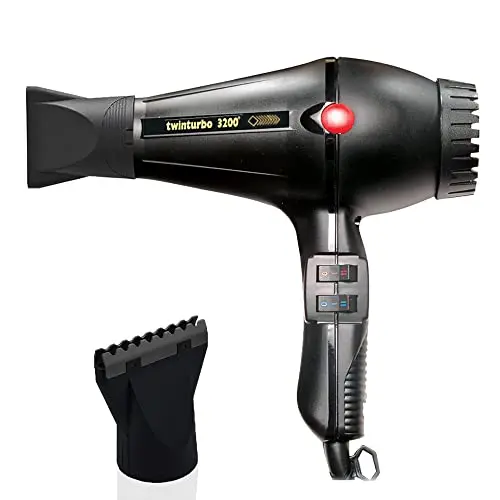 Turbo Power Twin Turbo 3200 Black Hair Dryer + M Hair Designs Hot Blow Attachment (Bundle) – Professional High-Speed Dryer for Smooth & Fast Drying