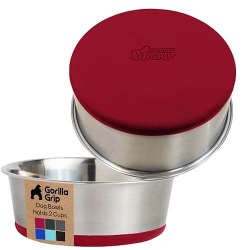 GORILLA GRIP Dog Bowls, Food Grade 304 Stainless Steel, Holds 2 Cups Each (16 fl oz) Food and Water Bowl for Feeding Dogs and Cats, Dishwasher Safe, Rust Resistant, BPA Free Rubber Base Set of 2 Red