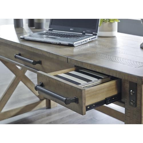 Signature Design by Ashley Aldwin Rustic Farmhouse 60" Home Office Lift Top Desk with Charging Ports, Distressed Gray 8