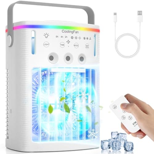 Portable Air Conditioners, 4-in-1 Portable Air Cooling Fan with 1000mL Tank, 3 Speeds & Remote - 2-8H Timer, 7-Color LED - Mini Evaporative AC Unit for Camping, Office, Bedroom, Car