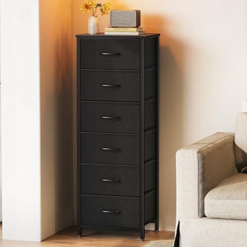 AODK Tall Dresser for Bedroom with 6 Fabric Drawers, Storage Dresser Organizer with Wood Top and Sturdy Steel Frames, Chest of Drawers for Closet, Living Room, Entryway, Hallway, Black