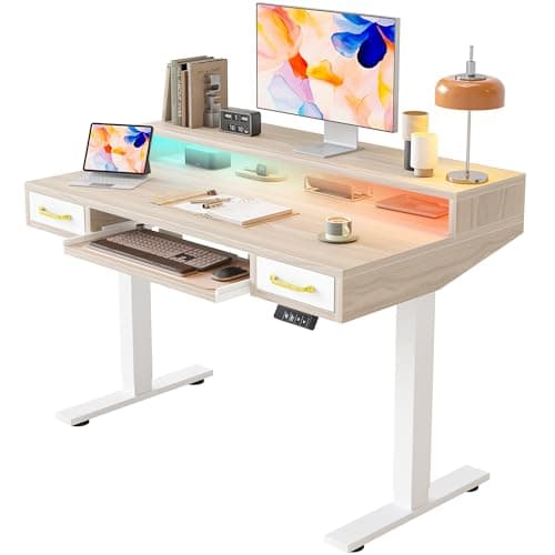 TIQLAB Standing Desk with Two Drawers, Stand Up Standing Desk Adjustable Height, Electric Sit Stand Table with Storage Shelf and Splice Board, with LED Light, 47 * 28 inch, Light Walnut