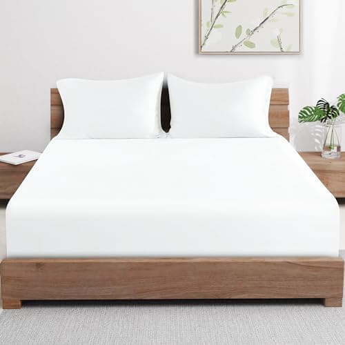 Bamboo Viscose Cooling Fitted Sheet Queen Size Only, 400 Thread Count, 16" Deep Pocket Cooling Bottom Sheets for Hot Sleeper, Silky Soft Breathable (Queen, White 7