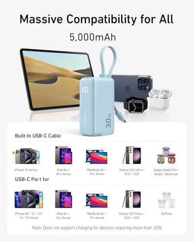 Anker Power Bank USB C Charger Block, 3-in-1 5,000mAh Portable Charger with Built-in USB-C Cable and Foldable AC Plug, 30W Max Compact Battery Pack, for iPhone 15 Series, Galaxy, MacBook, and More 6
