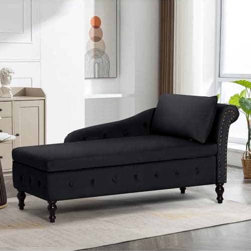 ACMEASE Chaise Lounge with Right Armrest & Lumbar Pillow,Button Tufted Lounge Sofa with Storage,Lounge Chair Indoor,Modern Upholstered Velvet Lounge Chair for Bedroom, Living Room and Office,Black