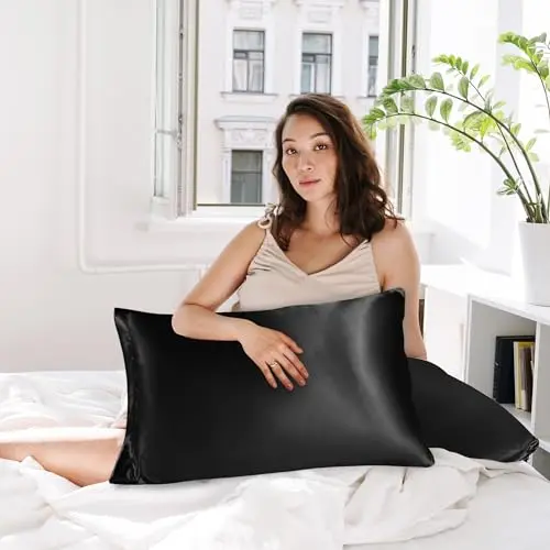 phyrec Satin Silk Pillowcase for Skin and Hair, 2 Pack - Envelope Closure - Bedding Queen Pillow Cases(20" x 30"), Soft Breathable Smooth Cooling Silk Pillow Covers for Sleeping, Black 6