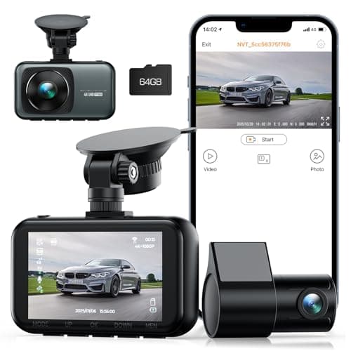 LAMTTO 4K Dash Cam Front and Rear Wireless – Dual Dash Camera with 5G WiFi APP Control Night Vision G-Sensor Loop Recording Parking Monitor Wide Angle 64GB SD Card