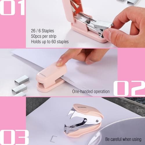 WORKPRO Mini Stapler with Staples, Pink Stapler Set Includes Two Small Staplers, One Staple Remover, 2000 Standard Staples - Cute Staplers for Desk with Non-Slip Base, Lock Design - Pink Ribbon 5
