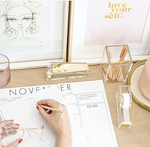 Acrylic Gold Tape Dispenser & Desktop Stapler, Includes Staple Remover, Tape, 1000pcs Staples - Cute Office Stapler Set for Modern Design Desk Accessory Kit 6