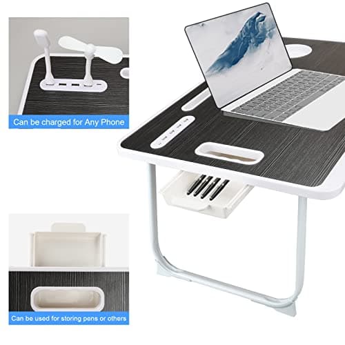 Laptop Bed Table, Lap Desk for Bed, Foldable Laptop Bed Desk with USB Charge Port, Handle, Desktop Card Slot, Cup Slot, Side Drawer, Portable Laptop Table for Bed Eating Reading Working 6