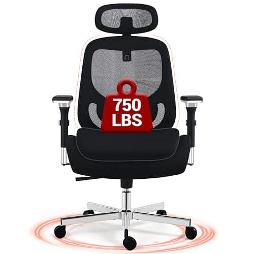 WENTUM 750 LBS Big and Tall Office Chair, Heavy Duty Executive Chair w/4D Arms, Ergonomic Computer Home Desk Chair, Swivel Mesh Chair w/2D Lumbar Support, Adjustable Headrest, Tilt Lock-Black
