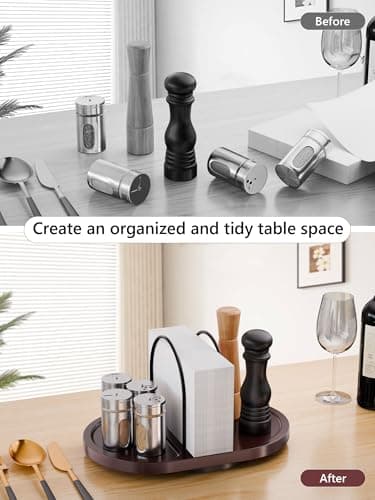 Primo Lines Rotating Napkin Holder for Table with Built-In Space for Salt and Pepper Shakers, Wooden Metal Caddy Rustic Table Organizer with 360 Degree Spin for Kitchen Decor and Accessories (Walnut) 5