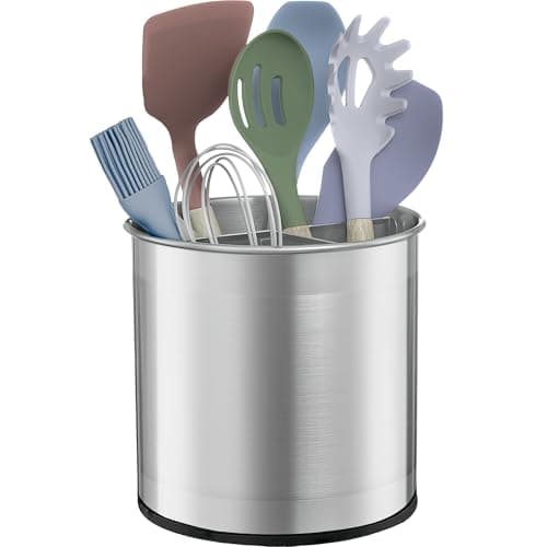 FineDine Rotating Kitchen Utensil Holder for Kitchen Counter - With Weighted Base for Stability, Stainless Steel Cooking Utensil Holder with Removable Divider, Brushed Stainless Steel