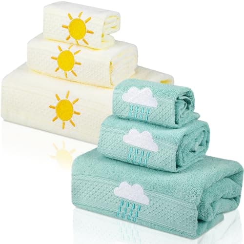 VitalCozy 6 Pcs Kids Girls Bath Towels Set 100% Cotton Cute Sun Cloud Bathroom Absorbent Soft Embroidered Decorative Baby Toddler Shower Towels for Kids Unisex Toddler Women(3 Sizes,Green, Yellow)