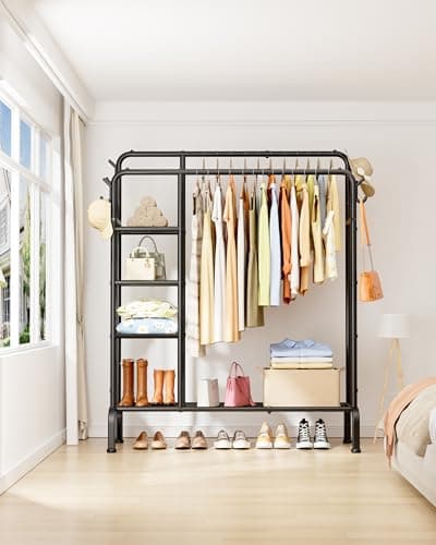 Sakugi Clothes Rack - Double-Rod Clothing Rack with Built-In Hooks & Shelves, Multi-Functional Wardrobe Closet for Bedroom, Living Room, Entryway, 41.3" x 15.3" x 59.8", Black 6