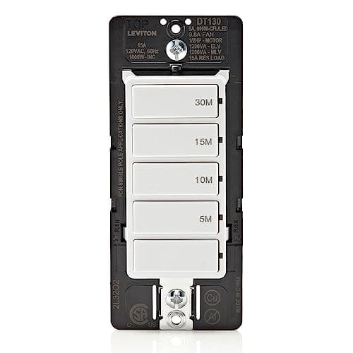 Leviton Countdown Timer Switch for bathroom fan and household lights, 5-10-15-30 min, No Neutral Required, Single Pole, 15A, 1/2 HP/9.8A Fan/Motor, DT130-1LW, White