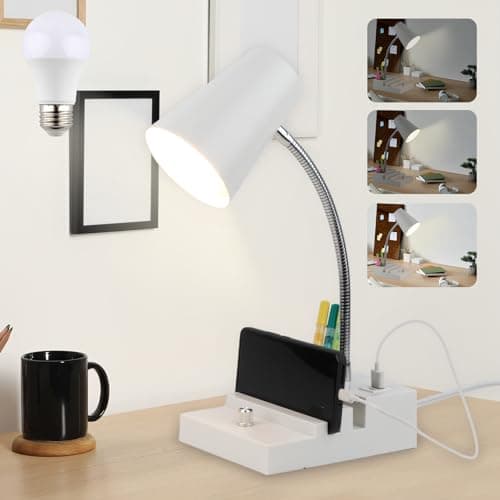 LALISU Study Desk Lamp with USB Charging and Type-C Night Light, Gooseneck LED Table Lamp Stepless Dimming Study Table Lamp with Pen Holder for College Dorm Bedroom and Office (White)