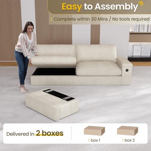SEDETA Modern Sofas Couches for Living Room, Comfy Couch with Extra Deep Seats, Oversized Loveseat Sofa with Storage and 2 USB Charging Ports, Removable Sofa Cover(Beige Chenille) 8