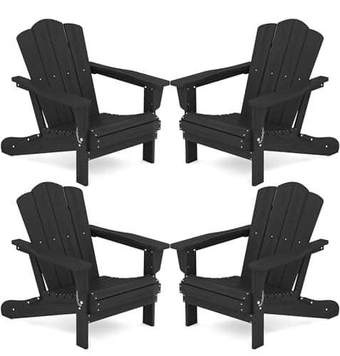 KINGYES Folding Adirondack Chair Set of 4, HDPE All-Weather Patio Chairs, Wooden Textured Lawn Chair for Poolside, Backyard, Deck, Fire Pit, Dark Black